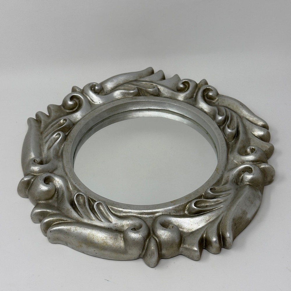 Vintage Ornate Silver Baroque Round Wall Mirror 11"